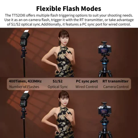 Godox TT520 III Camera Flash | GN33 Manual Speedlite with 433MHz Wireless Trigger | S1/S2 Optical Sync | For DSLR & Mirrorless Cameras